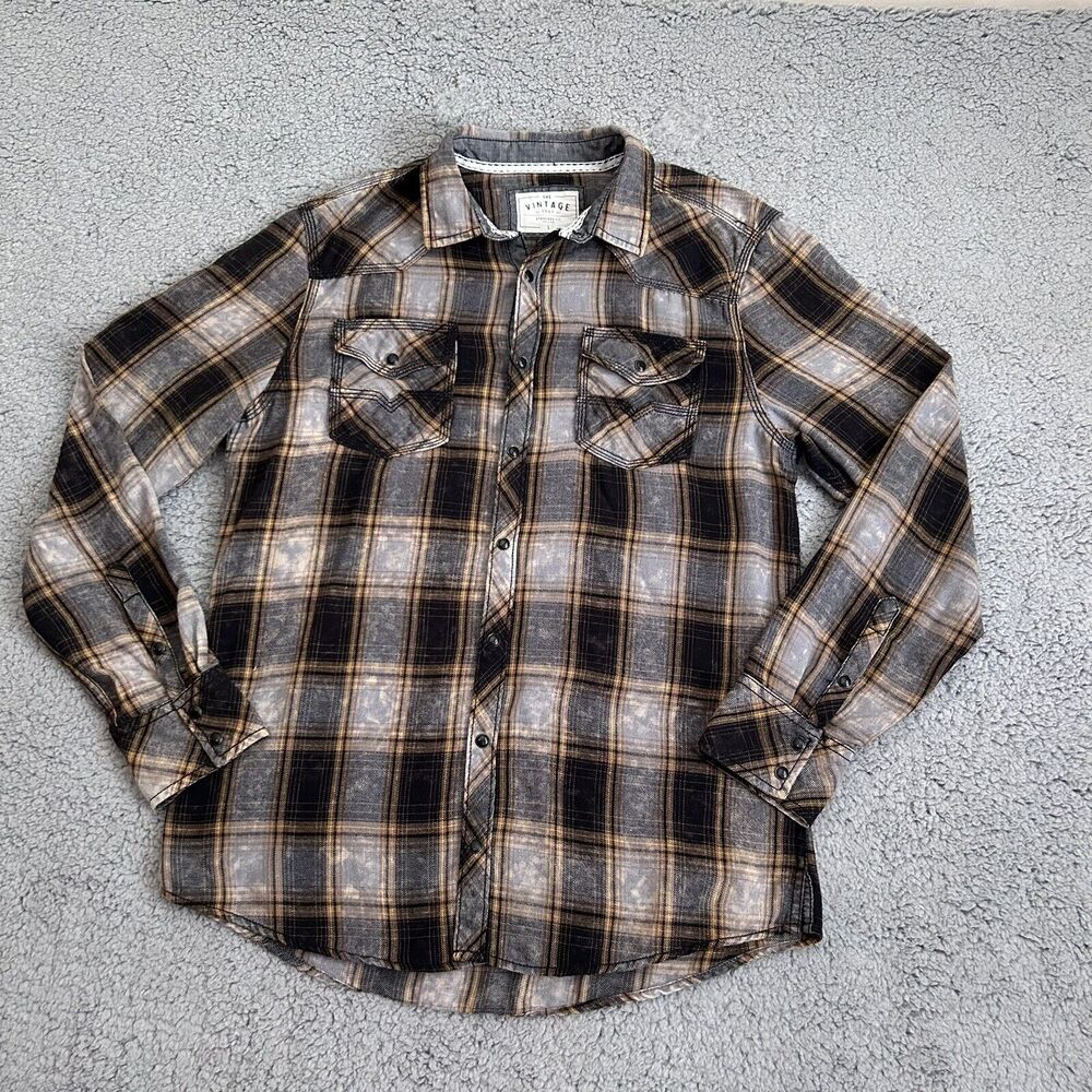BKE Vintage Shirt Mens Large Brown Plaid Snap Yoke Spread Collar Point Pockets - Picture 1 of 14